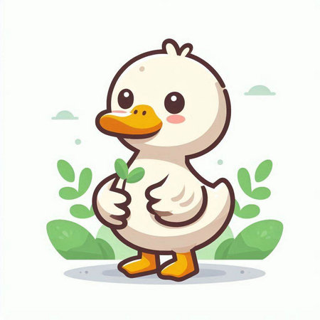 Vector illustration of cute cartoon duck holding a green leaf in its pawsのイラスト素材