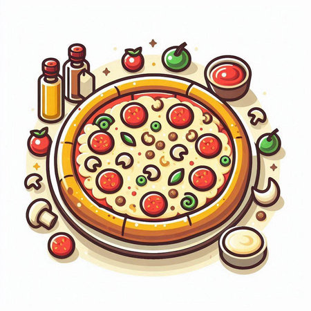 Pizza with tomato, mushrooms and olives. Vector illustration.のイラスト素材