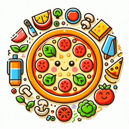 Vector illustration of pizza with vegetables and fruits in circle shape isolated on white backgroundのイラスト素材