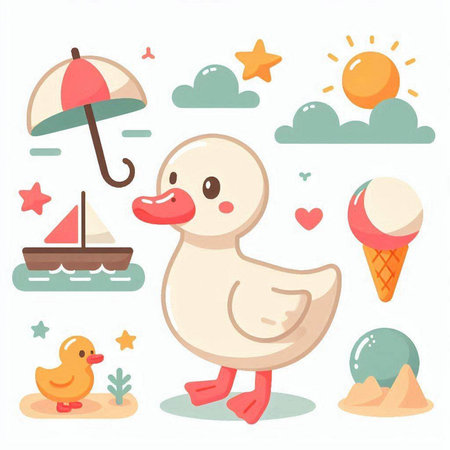 Duck and summer elements. Vector illustration in a flat style.のイラスト素材