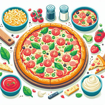 Pizza with ingredients isolated on white background. Vector illustration in cartoon style.のイラスト素材