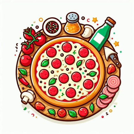 Illustration of pizza with ingredients on white background. Vector illustration.のイラスト素材