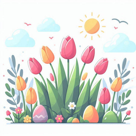 Spring background with flowers, tulips and sun. Vector illustration.のイラスト素材