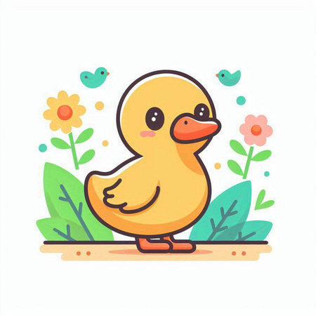Cute little yellow duckling with flowers. Vector flat illustration.のイラスト素材