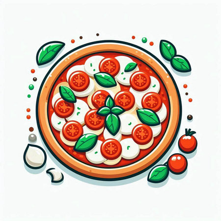 Pizza with mozzarella, cherry tomatoes and basil. Vector illustrationのイラスト素材