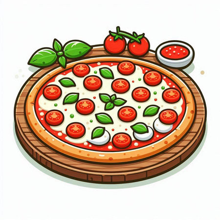 Pizza with mozzarella, tomato and basil on wooden boardのイラスト素材