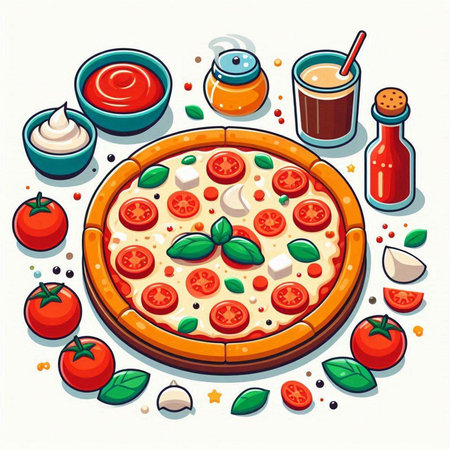 Pizza with tomato sauce, mozzarella and basil. Vector illustrationのイラスト素材