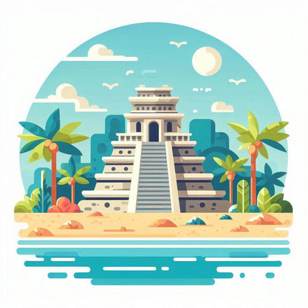 Ancient Mayan temple on the beach. Flat style vector illustration.のイラスト素材