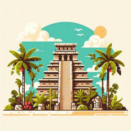 Ancient temple on a background of palm trees. Vector illustration in flat styleのイラスト素材