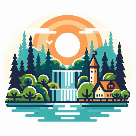 Landscape with waterfalls, forest and houses. Vector illustration.のイラスト素材