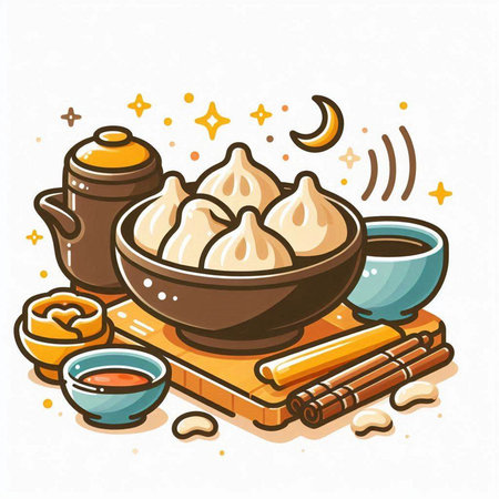 Steamed dumplings in bowl and cup of tea. Vector illustration.のイラスト素材