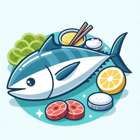 Illustration of a tuna fish with ingredients for sushi on a blue backgroundのイラスト素材