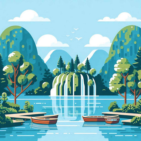 Summer landscape with lake, forest and mountains. Vector illustration in flat styleのイラスト素材