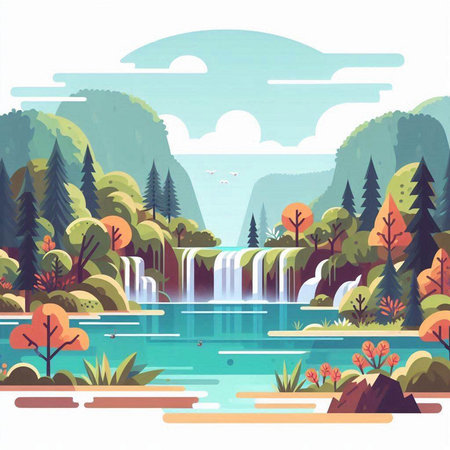 Beautiful landscape with a waterfall in the forest. Vector illustration.のイラスト素材