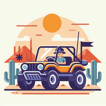 Vector flat style illustration of man driving off road buggy in desert.のイラスト素材