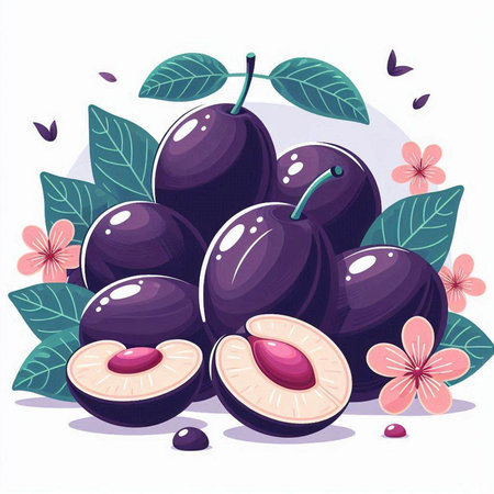 Plums with leaves and flowers on white background. Vector illustration.のイラスト素材