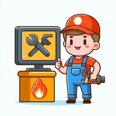 Cartoon mechanic holding a wrench and a computer. Vector illustration.のイラスト素材