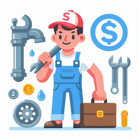 Plumber in overalls with tools. Vector illustration in flat styleのイラスト素材