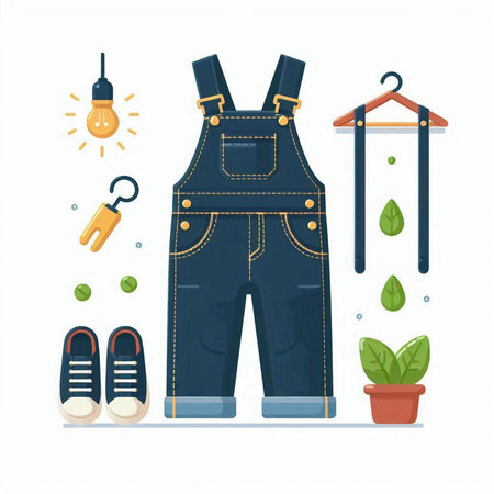 Jeans overalls and accessories. Vector illustration in flat style.のイラスト素材