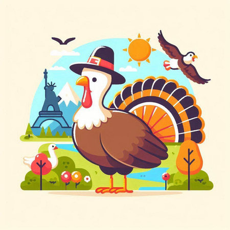 Thanksgiving Day vector illustration. Cartoon turkey with hat in the park.のイラスト素材