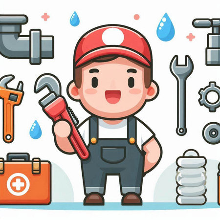 Plumber with tools and water drop. Vector flat cartoon illustration.のイラスト素材