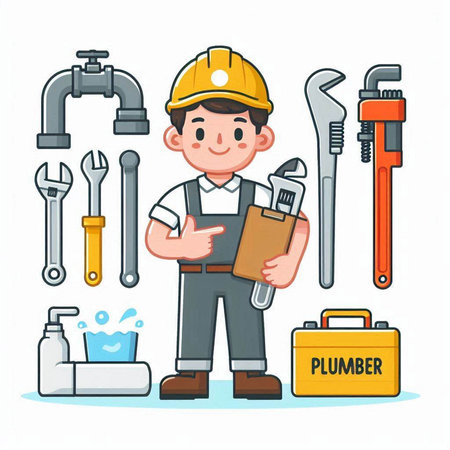 Plumber with tools. Vector illustration in cartoon style on white background.のイラスト素材