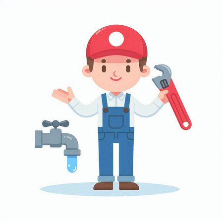 Plumber with wrench and faucet. Cartoon character vector illustration.のイラスト素材