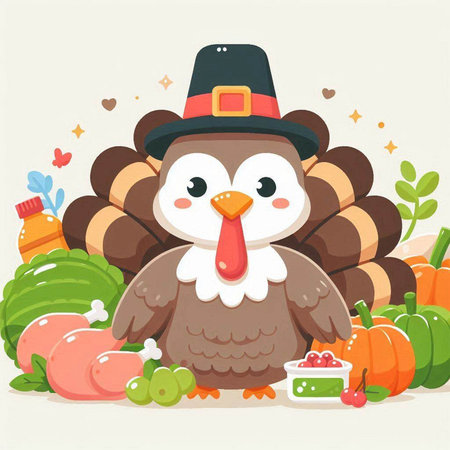 Thanksgiving turkey with candies and pumpkins. Vector illustration.のイラスト素材