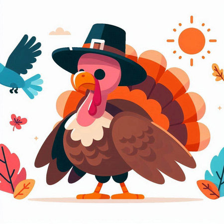 Thanksgiving Day. Cute cartoon turkey in hat. Vector illustrationのイラスト素材