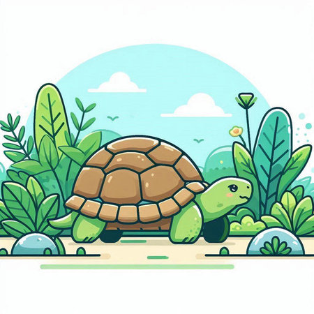 Illustration of a Tortoise in a Tropical Landscape - Vectorのイラスト素材