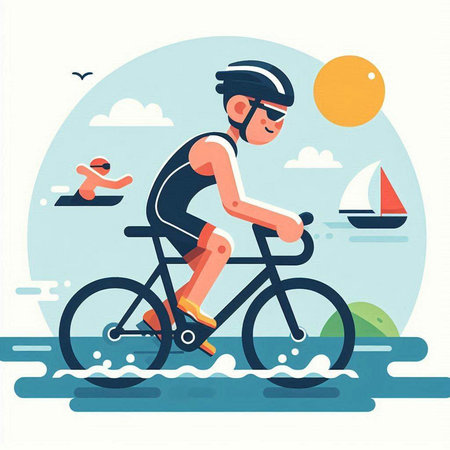 Cyclist on the beach. Vector illustration in flat style.のイラスト素材