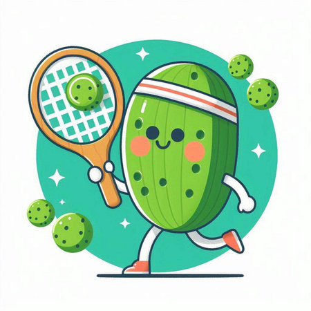 Cucumber character playing tennis. Cute cartoon vector illustration.のイラスト素材