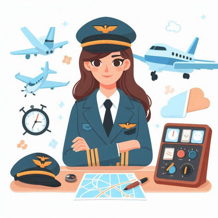 Vector illustration of a girl pilot in uniform sitting at the desk in the airport.のイラスト素材