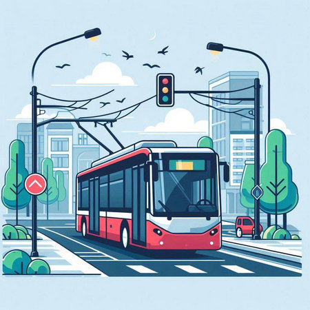 Vector illustration of a red bus on the street in the city.のイラスト素材