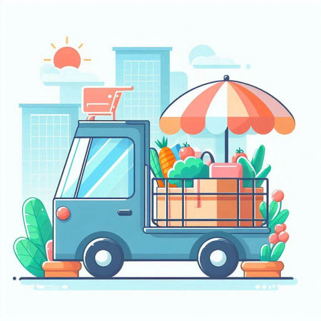 Fruit and Vegetables Delivery Service. Vector Illustration in Flat Styleのイラスト素材