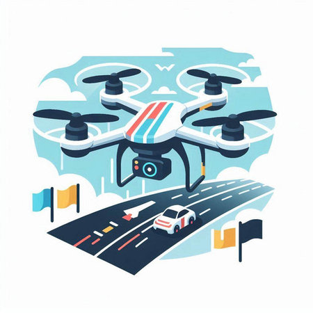 Drone flying on the road. Vector illustration in flat style.のイラスト素材