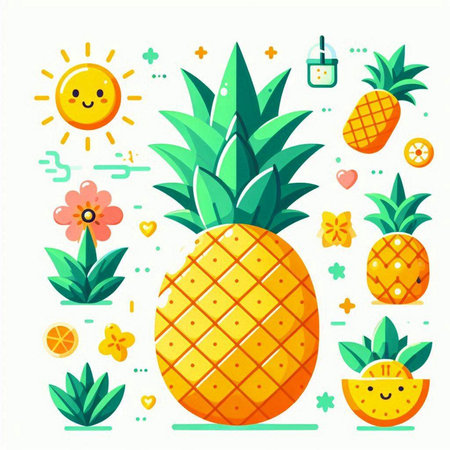 Pineapple fruit vector illustration. Cute cartoon pineapple fruit character in flat style.のイラスト素材