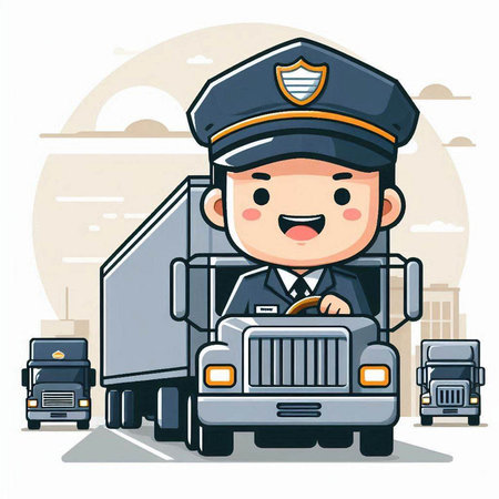 Policeman and truck. Vector illustration in cartoon style on white background.のイラスト素材