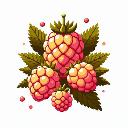 Illustration of ripe raspberry with leaves and berries on a white backgroundのイラスト素材