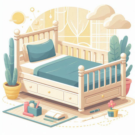 Vector illustration of a childs bedroom with a bed and a cactusのイラスト素材