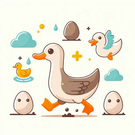 Vector illustration of cute duckling and eggs in flat cartoon style.のイラスト素材