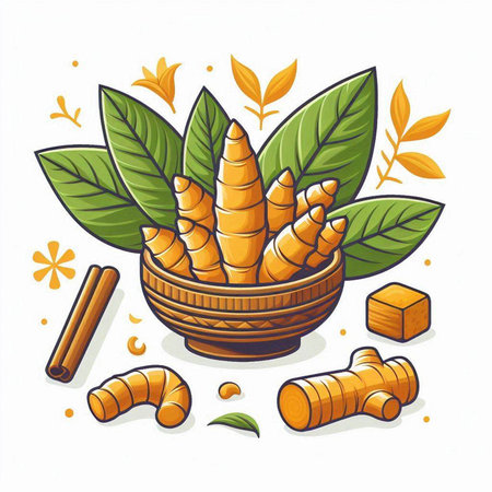 Ginger root and leaves in wooden bowl on white background. Vector illustration.のイラスト素材