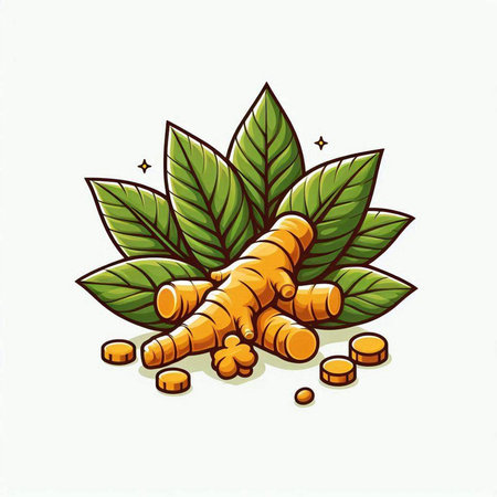 Ginger root and leaves on a white background. Vector illustration.のイラスト素材