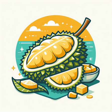 Vector illustration of durian on the beach in flat style. Exotic tropical fruitのイラスト素材