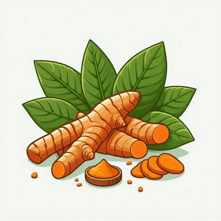 Turmeric root with green leaves on white background. Vector illustration.のイラスト素材