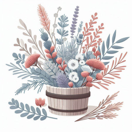 Bouquet of wildflowers in a wooden bucket. Vector illustration.のイラスト素材