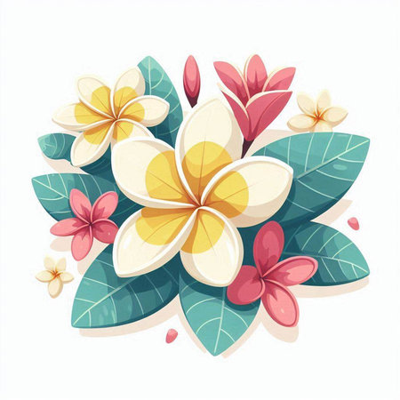 Frangipani flowers and leaves on white background. Vector illustration.のイラスト素材