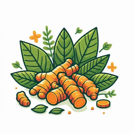 Turmeric root and leaves on a white background. Vector illustration.vector, icon, symbol, design, illustration, graphic, set, abstract, line, elementのイラスト素材