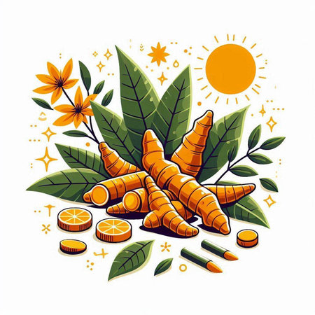 Fresh turmeric with leaves and pills. Hand drawn vector illustration.のイラスト素材