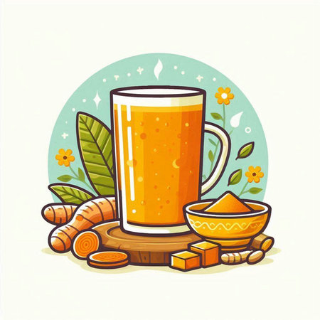 Vector illustration of a glass of turmeric latte art and ingredients.のイラスト素材